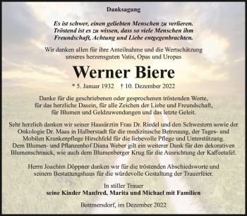 Traueranzeige von Werner Biere  von Magdeburger Volksstimme