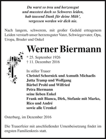 Traueranzeige von Werner Biermann  von Magdeburger Volksstimme