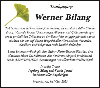 Traueranzeige von Werner Bilang  von Magdeburger Volksstimme