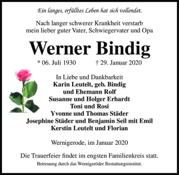 Traueranzeige von Werner Bindig  von Magdeburger Volksstimme