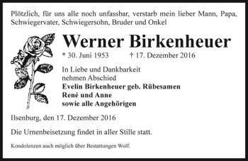 Traueranzeige von Werner Birkenheuer  von Magdeburger Volksstimme