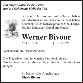 Traueranzeige von Werner Bivour  von Magdeburger Volksstimme