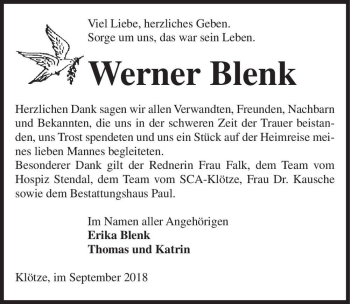 Traueranzeige von Werner Blenk  von Magdeburger Volksstimme