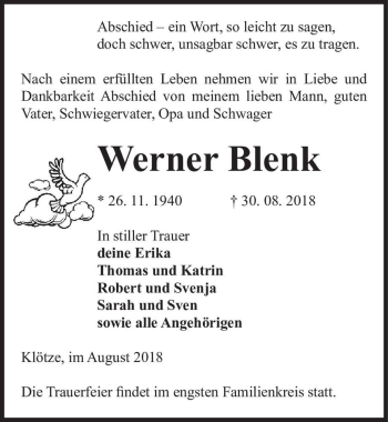 Traueranzeige von Werner Blenk  von Magdeburger Volksstimme