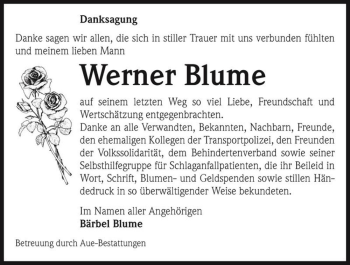 Traueranzeige von Werner Blume  von Magdeburger Volksstimme