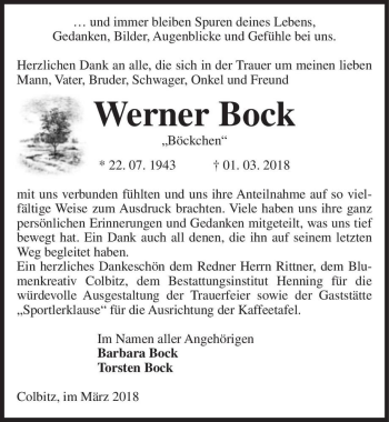 Traueranzeige von Werner Bock ,,Böckchen