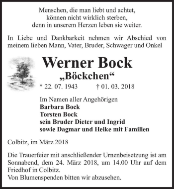 Traueranzeige von Werner Bock ,,Böckchen