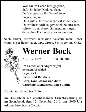 Traueranzeige von Werner Bock  von Magdeburger Volksstimme