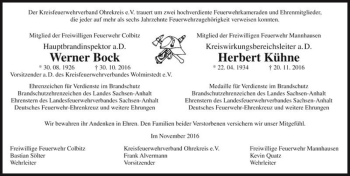 Traueranzeige von Werner Bock und Herbert Kühne  von Magdeburger Volksstimme
