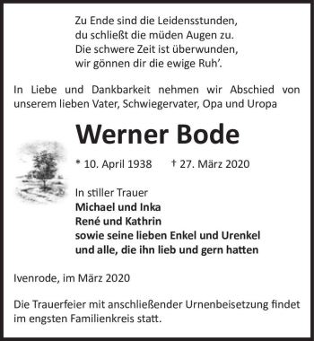 Traueranzeige von Werner Bode  von Magdeburger Volksstimme
