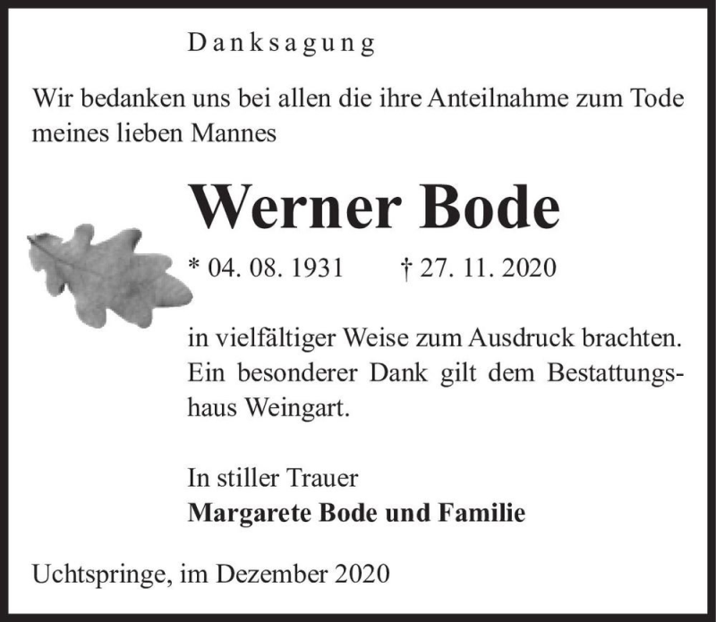  Traueranzeige für Werner Bode  vom 16.12.2020 aus Magdeburger Volksstimme