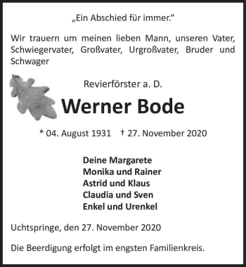 Traueranzeige von Werner Bode  von Magdeburger Volksstimme