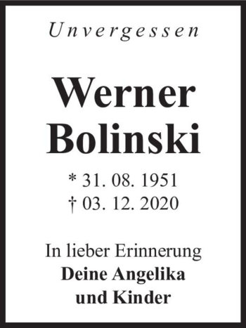 Traueranzeige von Werner Bolinski  von Magdeburger Volksstimme