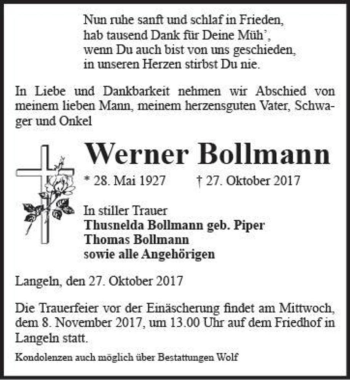 Traueranzeige von Werner Bollmann  von Magdeburger Volksstimme