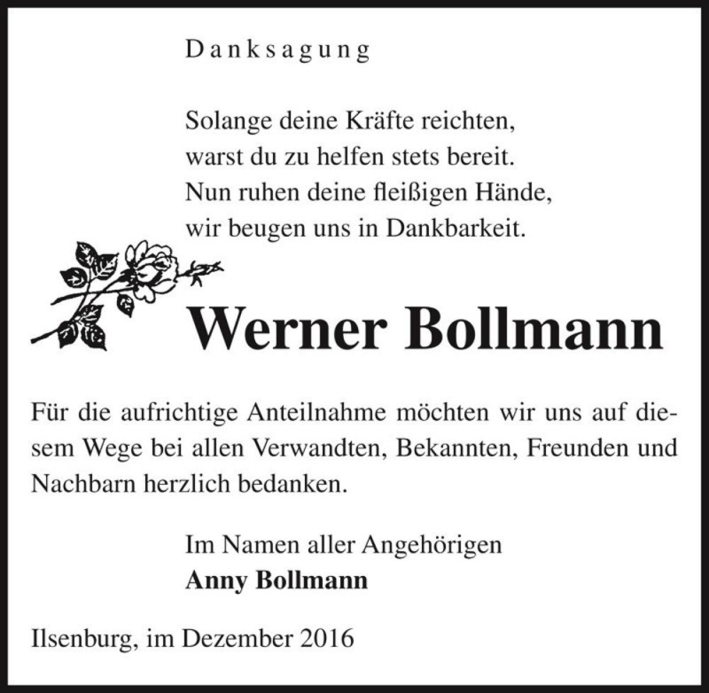  Traueranzeige für Werner Bollmann  vom 15.12.2016 aus Magdeburger Volksstimme