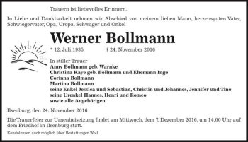 Traueranzeige von Werner Bollmann  von Magdeburger Volksstimme