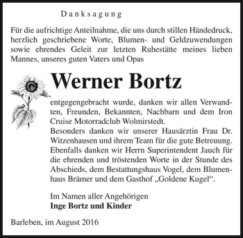 Traueranzeige von Werner Bortz  von Magdeburger Volksstimme