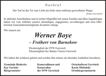 Traueranzeige von Werner Boye-Freiherr von Barnekow  von Magdeburger Volksstimme