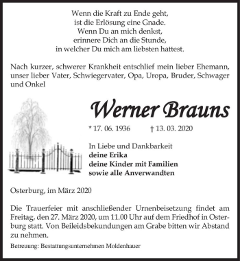 Traueranzeige von Werner Brauns  von Magdeburger Volksstimme