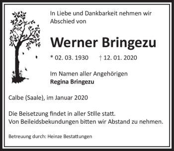 Traueranzeige von Werner Bringezu  von Magdeburger Volksstimme