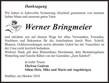 Traueranzeige von Werner Bringmeier  von Magdeburger Volksstimme