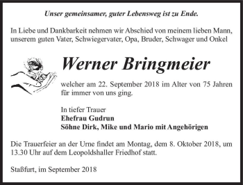 Traueranzeige von Werner Bringmeier  von Magdeburger Volksstimme