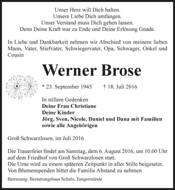 Traueranzeige von Werner Brose  von Magdeburger Volksstimme
