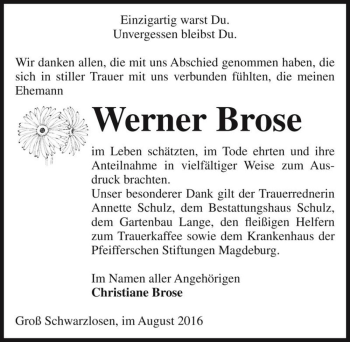 Traueranzeige von Werner Brose  von Magdeburger Volksstimme