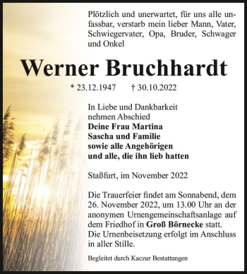 Traueranzeige von Werner Bruchhardt  von Magdeburger Volksstimme
