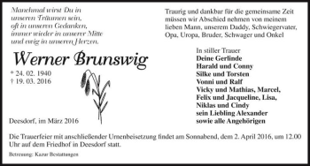 Traueranzeige von Werner Brunswig  von Magdeburger Volksstimme