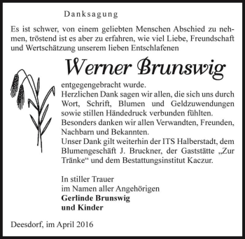 Traueranzeige von Werner Brunswig  von Magdeburger Volksstimme