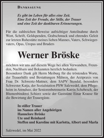 Traueranzeige von Werner Bröske  von Magdeburger Volksstimme