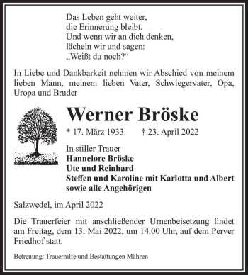 Traueranzeige von Werner Bröske  von Magdeburger Volksstimme