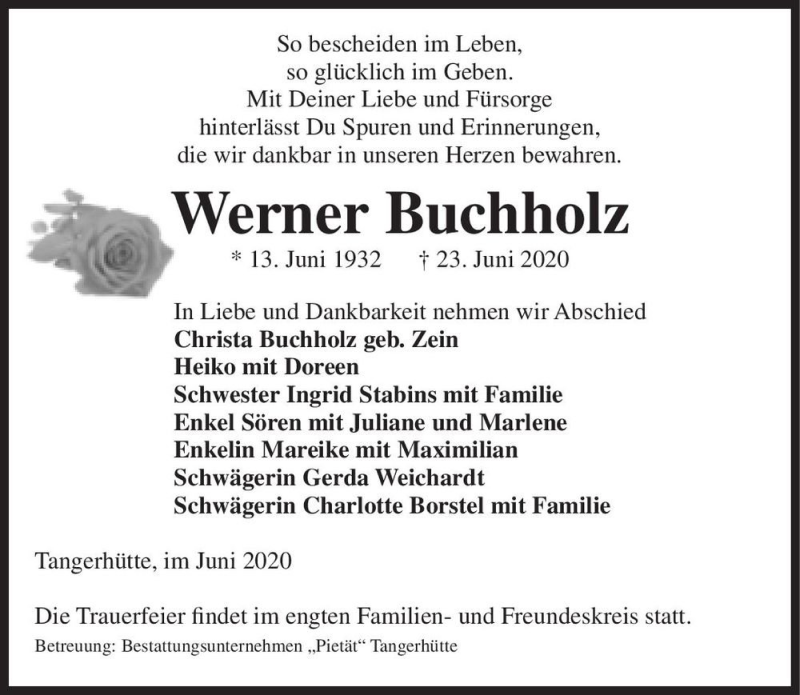  Traueranzeige für Werner Buchholz  vom 27.06.2020 aus Magdeburger Volksstimme
