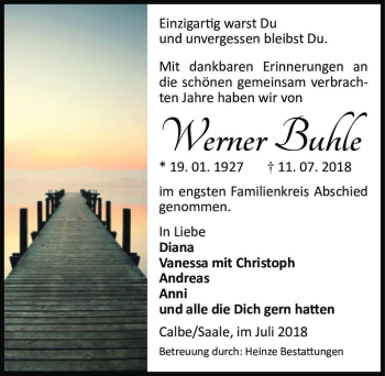 Traueranzeige von Werner Buhle  von Magdeburger Volksstimme