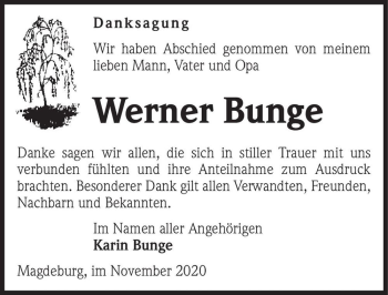 Traueranzeige von Werner Bunge  von Magdeburger Volksstimme