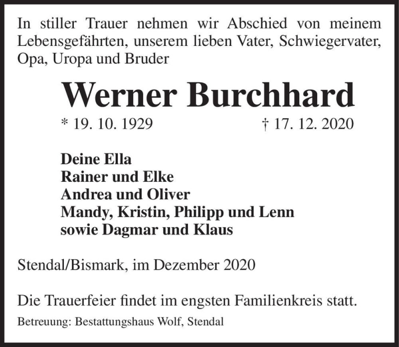  Traueranzeige für Werner Burchhardt  vom 19.12.2020 aus Magdeburger Volksstimme