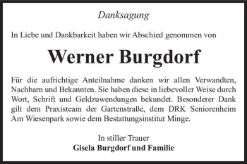 Traueranzeige von Werner Burgdorf  von Magdeburger Volksstimme