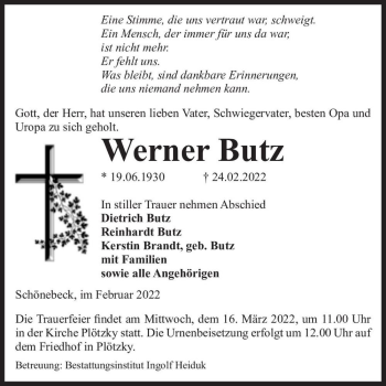 Traueranzeige von Werner Butz  von Magdeburger Volksstimme