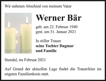 Traueranzeige von Werner Bär  von Magdeburger Volksstimme