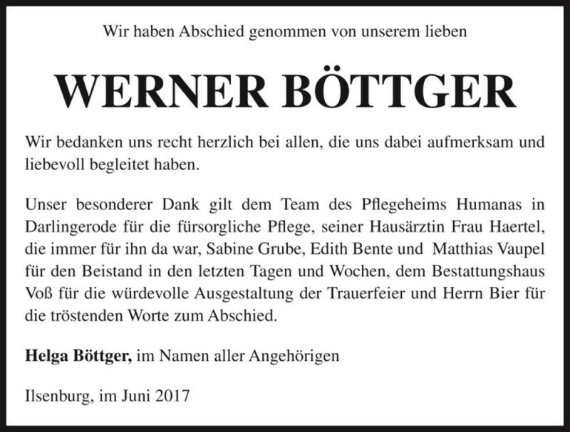 Traueranzeige für Werner Böttger  vom 21.06.2017 aus Magdeburger Volksstimme