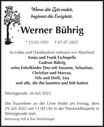 Traueranzeige von Werner Bührig  von Magdeburger Volksstimme