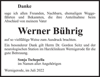 Traueranzeige von Werner Bührig  von Magdeburger Volksstimme