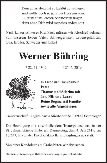 Traueranzeige von Werner Bühring  von Magdeburger Volksstimme