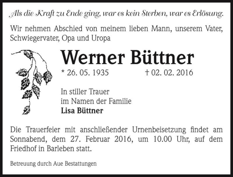  Traueranzeige für Werner Büttner  vom 13.02.2016 aus Magdeburger Volksstimme