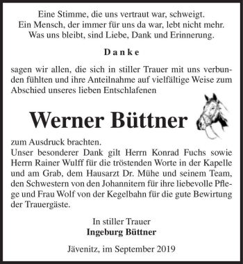 Traueranzeige von Werner Büttner  von Magdeburger Volksstimme