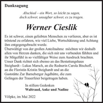 Traueranzeige von Werner Cieslik  von Magdeburger Volksstimme