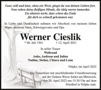 Traueranzeige von Werner Cieslik  von Magdeburger Volksstimme
