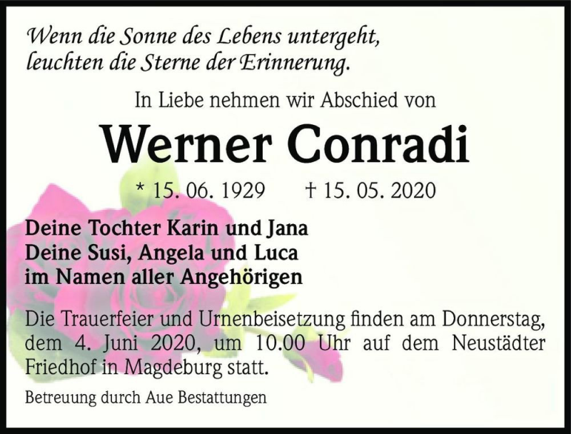  Traueranzeige für Werner Conradi  vom 23.05.2020 aus Magdeburger Volksstimme