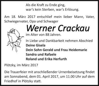 Traueranzeige von Werner Crackau  von Magdeburger Volksstimme